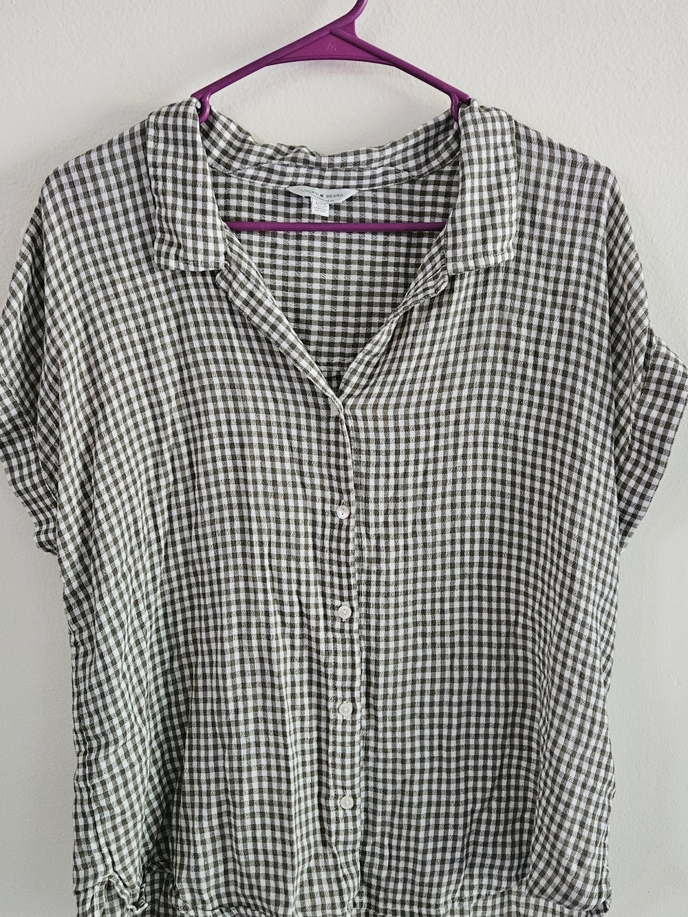 Lucky Brand Gray and White Gingham Button-Down Shirt. Cottage, Fall, Farmhouse
